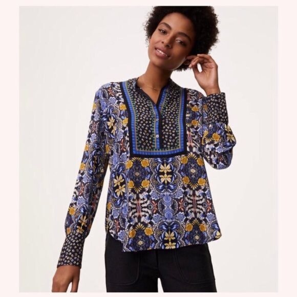 Loft Petites Blue & Yellow Floral Geometric Popover Blouse SP 100% Polyester Lon - Picture 1 of 5